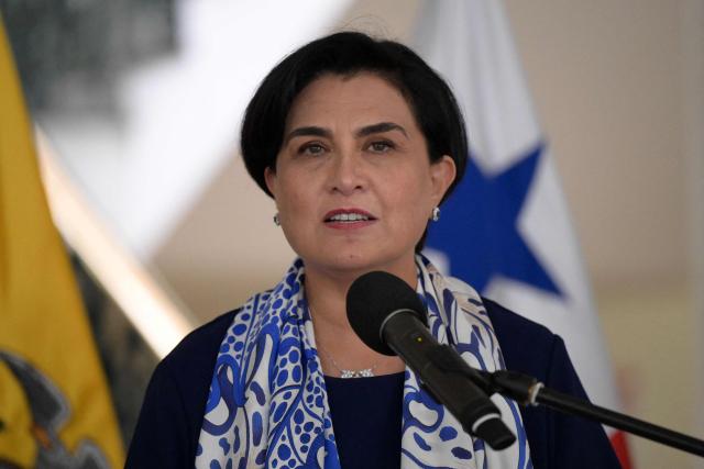 Ecuador’s Foreign Minister Gabriela Sommerfeld speaks next to Panama's Foreign Minister Javier Martinez (out of frame) during a press conference at the Najas Palace, headquarters of the Foreign Ministry, in Quito on October 24, 2025. (Photo by Rodrigo BUENDIA / AFP)