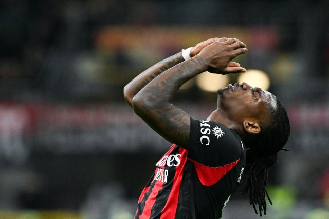 AC Milan's Portuguese forward #10 Rafael Leao reacts during the Italian Serie A football match between AC Milan and Pisa SC at San Siro stadium in Milan, northern Italy, on October 24, 2025. (Photo by Stefano RELLANDINI / AFP)