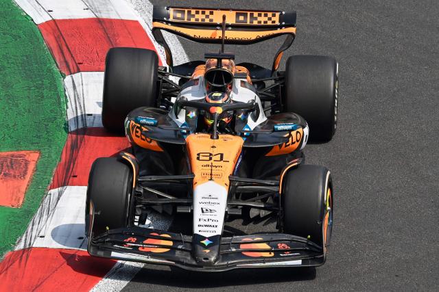 McLaren's Mexican reserve driver Patricio O'Ward drives during the first practice session of the Mexico City Formula One Grand Prix at the Hermanos Rodriguez racetrack in Mexico City on October 24, 2025. (Photo by Alfredo ESTRELLA / AFP)