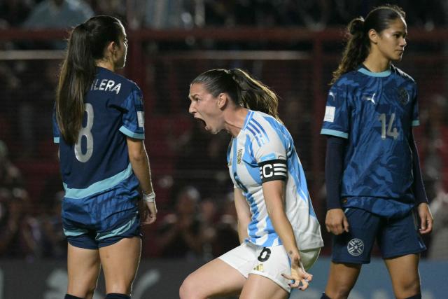 Argentina's defender #06 Aldana Cometti celebrates scoring her team's first goal during the Conmebol Women's Nations League 2025-26 football match between Argentina and Paraguay at the Diego Armando Maradona Stadium in Buenos Aires on October 24, 2025. (Photo by JUAN MABROMATA / AFP)