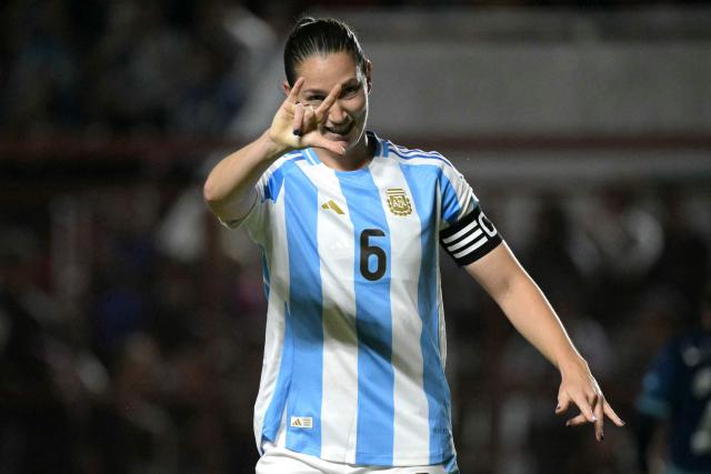 Argentina's defender #06 Aldana Cometti celebrates scoring her team's first goal during the Conmebol Women's Nations League 2025-26 football match between Argentina and Paraguay at the Diego Armando Maradona Stadium in Buenos Aires on October 24, 2025. (Photo by JUAN MABROMATA / AFP)