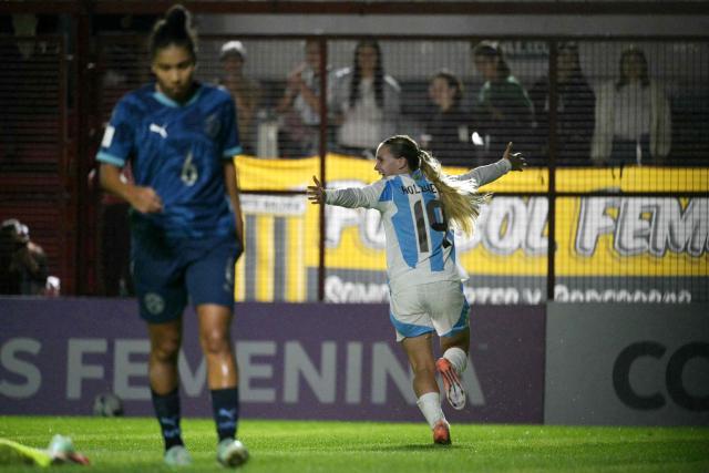 Argentina's forward #19 Agostina Holzheier celebrates scoring her team's second goal during the Conmebol Women's Nations League 2025-26 football match between Argentina and Paraguay at the Diego Armando Maradona Stadium in Buenos Aires on October 24, 2025. (Photo by JUAN MABROMATA / AFP)