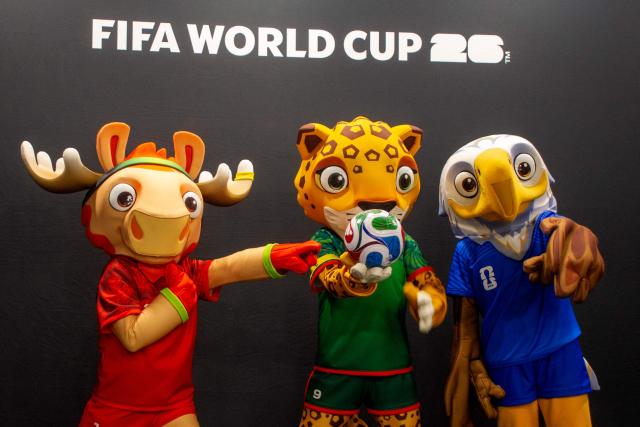 The official mascots of the 2026 World Cup representing the host countries: the Canadian moose, Maple (L); the American eagle, Clutch (R); and the Mexican jaguar, Zayu (C), at BBVA Stadium in Monterrey, Mexico on October 24, 2025. (Photo by Julio Cesar AGUILAR / AFP)