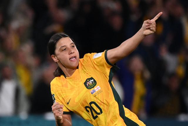 (FILES) Australia's forward #20 Sam Kerr celebrates after scoring her team's first goal during the Australia and New Zealand 2023 Women's World Cup semi-final football match between Australia and England at Stadium Australia in Sydney on August 16, 2023. Record-breaking striker Sam Kerr has vowed to reclaim the captaincy of Australia, declaring she has "so much more to give" in the role. (Photo by FRANCK FIFE / AFP)
