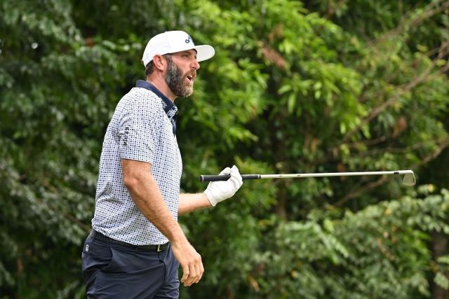 USA's Dustin Johnson reacts after a shot on hole 16 during the round 3 of the International Series Philippines golf tournament at Sta. Elena Golf Club in Santa Rosa, Laguna province on October 25, 2025.  (Photo by Ted ALJIBE / AFP)