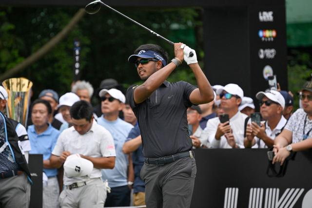 Thailand's Sarit Suwannarut tees off on hole 1 during the round 3 of the International Series Philippines golf tournament at Sta. Elena Golf Club in Santa Rosa, Laguna province on October 25, 2025.  (Photo by Ted ALJIBE / AFP)
