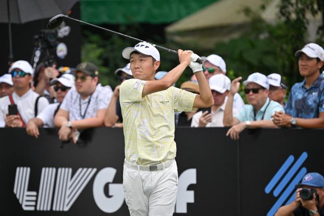 Japan's Yosuke Asaji tees off on hole 1 during the round 3 of the International Series Philippines golf tournament at Sta. Elena Golf Club in Santa Rosa, Laguna province on October 25, 2025.  (Photo by Ted ALJIBE / AFP)