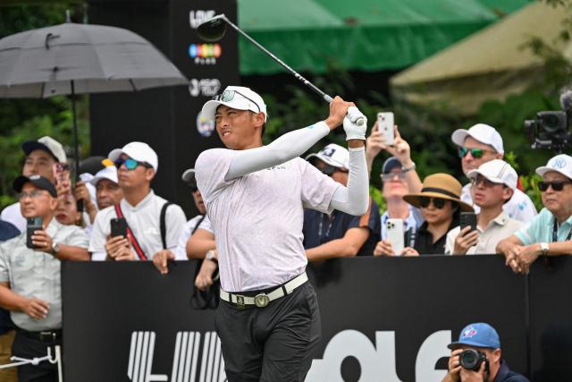 Taiwan's Wang Wei-hsuan tees off on hole 1 during the round 3 of the International Series Philippines golf tournament at Sta. Elena Golf Club in Santa Rosa, Laguna province on October 25, 2025.  (Photo by Ted ALJIBE / AFP)