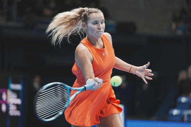USA's Sofia Kenin hits a return against Switzerland's Belinda Bencic during their women's singles semi-finals at the Pan Pacific Open tennis tournament in Tokyo on October 25, 2025. (Photo by Kazuhiro NOGI / AFP)