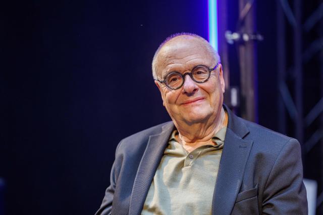 Belgian writer Robert Merhottein, also known as Merho, attends the award ceremony for the annual Knack Hercule Poirotprijs prize for best crime novel, at the Booktopia book fair in Kortrijk, on October 25, 2025. (Photo by KURT DESPLENTER / Belga / AFP) / Belgium OUT
