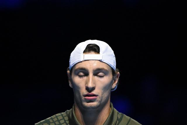 France's Ugo Humbert reacts during his men's semi final match against Spain's Alejandro Davidovich Fokina, at the Swiss Indoors ATP 500 tennis tournament in Basel on October 25, 2025. (Photo by Fabrice COFFRINI / AFP)