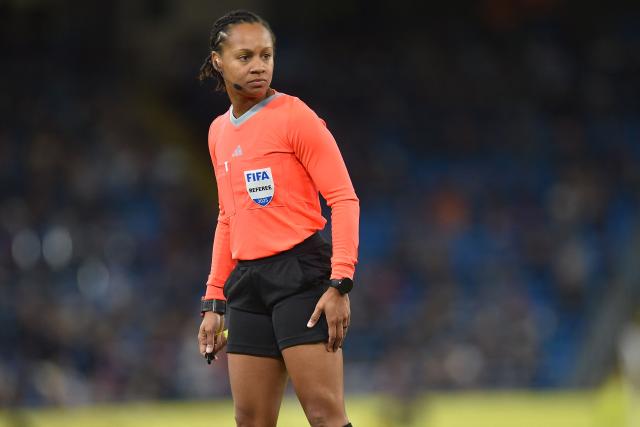 US referee Natalie Simon in charge of the Women's International friendly football match between England and Brazil at The Etihad Stadium in Manchester, north west England on October 25, 2025. (Photo by PETER POWELL / AFP)