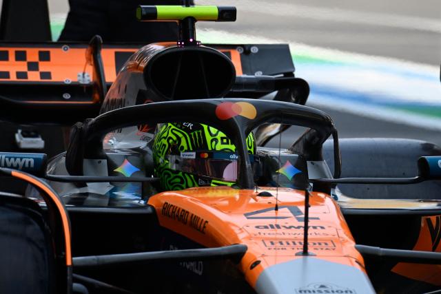 McLaren's British driver Lando Norris drives into the pit lane during the third practice session of the Mexico City Formula One Grand Prix at the Hermanos Rodriguez racetrack in Mexico City on October 25, 2025. (Photo by Alfredo ESTRELLA / AFP)