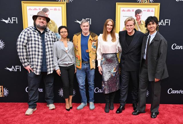(L-R) Actor Daniel R. Hill, actress Myha'la Herrold, director Gus Van Sant, actress Kelly Lynch, actor Cary Elwes and actor Vinh Nguyen attend the AFI premiere of "Dead Man's Wire" at the TCL Chinese Theatre in Hollywood, California on October 25, 2025. (Photo by LISA O'CONNOR / AFP)