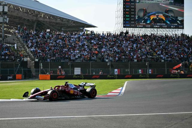 Ferrari's Monegasque driver Charles Leclerc drives during the qualifying session of the Mexico City Formula One Grand Prix at the Hermanos Rodriguez racetrack in Mexico City on October 25, 2025. (Photo by Yuri CORTEZ / AFP)