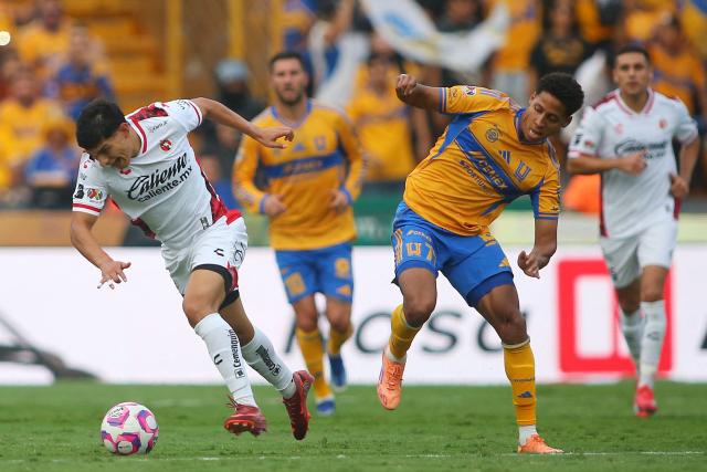Tijuana's midfielder #10 Kevin Castaneda and Tigres' forward #77 Ozziel Herrera fight for the ball during the Liga MX Apertura tournament football match between Tigres and Tijuana at the UANL University Stadium in San Nicolas de los Garza, Nuevo Leon State, Mexico on October 25, 2025. (Photo by Julio Cesar AGUILAR / AFP)