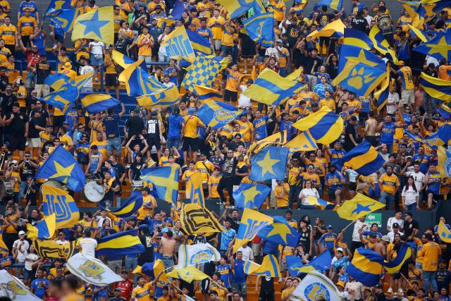 Fans of Tigre wave flags during the Liga MX Apertura tournament football match between Tigres and Tijuana at the UANL University Stadium in San Nicolas de los Garza, Nuevo Leon State, Mexico on October 25, 2025. (Photo by Julio Cesar AGUILAR / AFP)