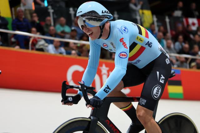 Belgium's  #05 Lindsay De Vylder competes in the men's omnium IV event final at the 2025 UCI Track World Championships, in the Penalolen Velodrome in Santiago, on October 25, 2025. (Photo by Javier TORRES / AFP)