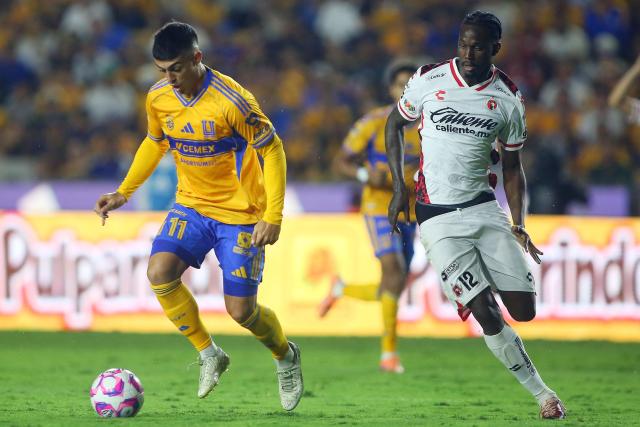 Tigres' Argentine midfielder #11 Juan Brunetta and Tijuana's Ecuadorian defender #12 Jackson Porozo fight for the ball during the Liga MX Apertura tournament football match between Tigres and Tijuana at the UANL University Stadium in San Nicolas de los Garza, Nuevo Leon State, Mexico on October 25, 2025. (Photo by Julio Cesar AGUILAR / AFP)