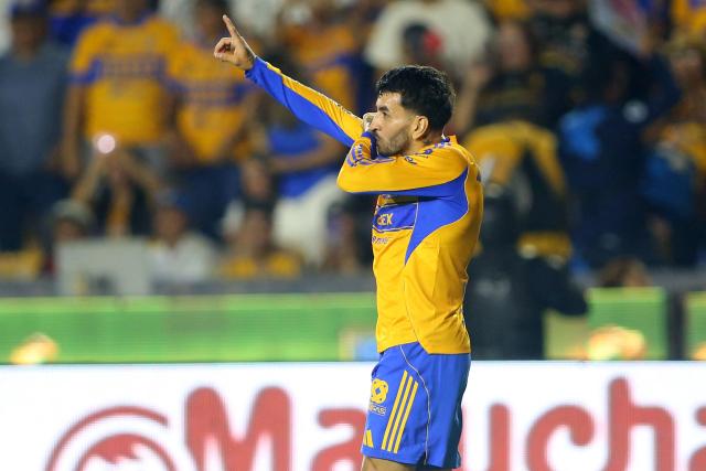 TOPSHOT - Tigres' Argentine forward #07 Angel Correa celebrates after scoring during the Liga MX Apertura tournament football match between Tigres and Tijuana at the UANL University Stadium in San Nicolas de los Garza, Nuevo Leon State, Mexico on October 25, 2025. (Photo by Julio Cesar AGUILAR / AFP)
