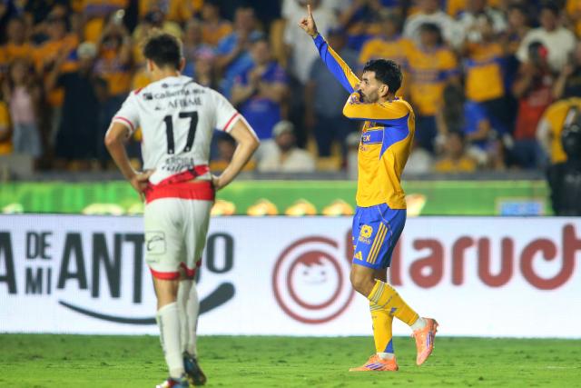 Tigres' Argentine forward #07 Angel Correa celebrates after scoring during the Liga MX Apertura tournament football match between Tigres and Tijuana at the UANL University Stadium in San Nicolas de los Garza, Nuevo Leon State, Mexico on October 25, 2025. (Photo by Julio Cesar AGUILAR / AFP)
