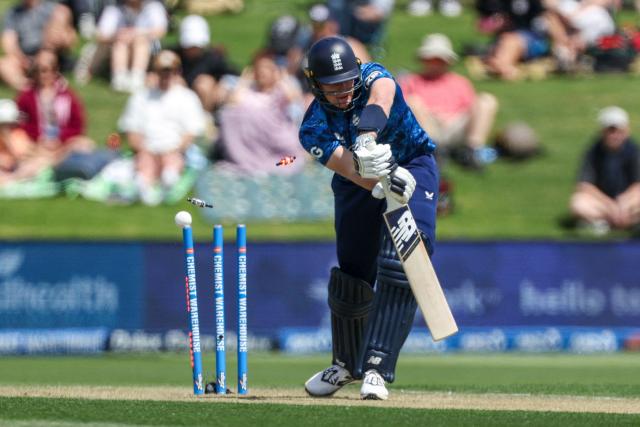 England's Jamie Smith is bowled on the first ball of the match during the first one-day international (ODI) cricket match between New Zealand and England at Bay Oval in Tauranga on October 26, 2025. (Photo by DJ MILLS / AFP)