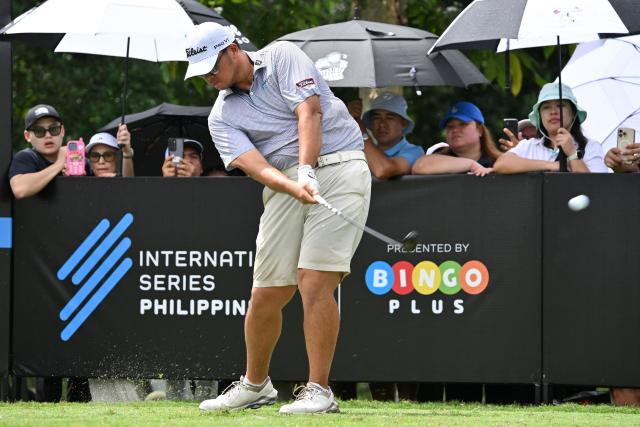 Sampson Zheng of China tees off during the final round of the International Series Philippines golf tournament at Sta. Elena Golf Club in Santa Rosa, Laguna province on October 26, 2025.  (Photo by Ted ALJIBE / AFP)