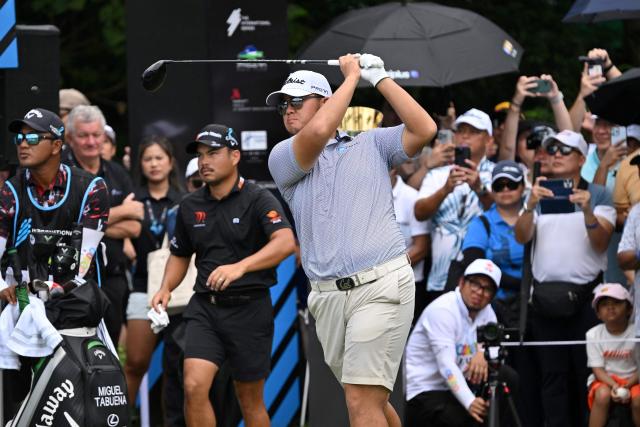 Sampson Zheng of China tees off during the final round of the International Series Philippines golf tournament at Sta. Elena Golf Club in Santa Rosa, Laguna province on October 26, 2025.  (Photo by Ted ALJIBE / AFP)