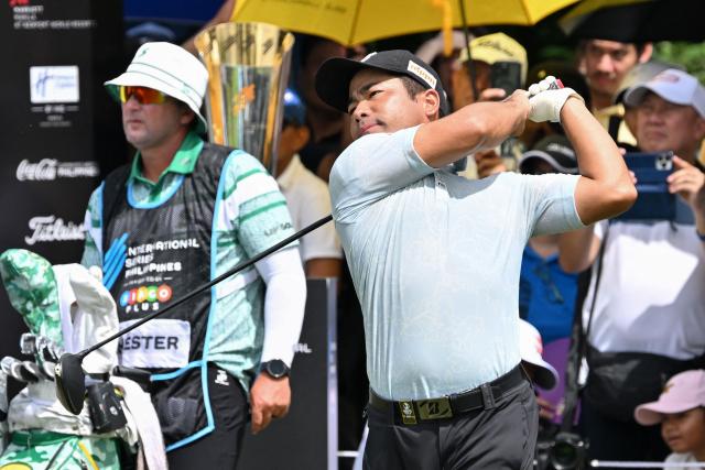Kazuki Higa of Japan tees off during the final round of the International Series Philippines golf tournament at Sta. Elena Golf Club in Santa Rosa, Laguna province on October 26, 2025.  (Photo by Ted ALJIBE / AFP)