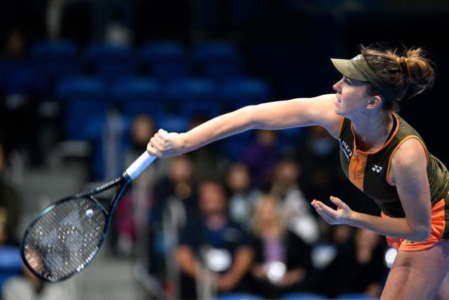 Czech Republic's Linda Noskova serves against Switzerland's Belinda Bencic during the women's singles final at the Pan Pacific Open tennis tournament in Tokyo on October 26, 2025. (Photo by Philip FONG / AFP)