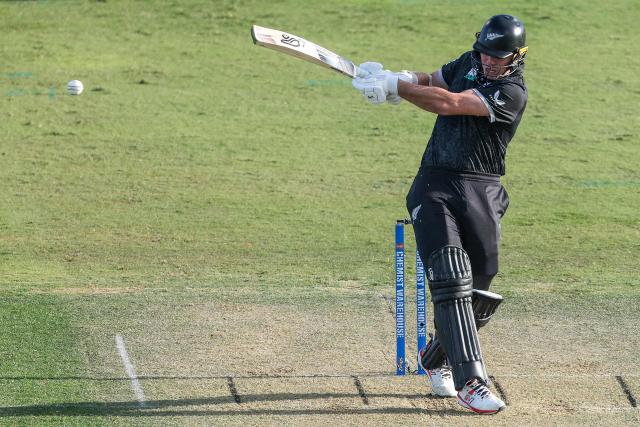 New Zealand's Michael Bracewell bats during the first one-day international (ODI) cricket match between New Zealand and England at Bay Oval in Tauranga on October 26, 2025. (Photo by DJ MILLS / AFP)