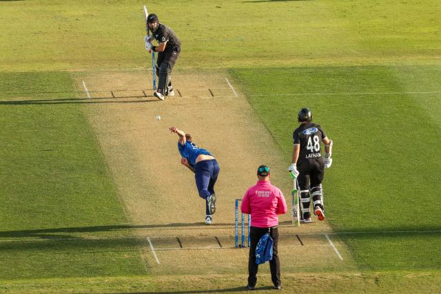 New Zealand's Daryl Mitchell bats during the first one-day international (ODI) cricket match between New Zealand and England at Bay Oval in Tauranga on October 26, 2025. (Photo by DJ MILLS / AFP)