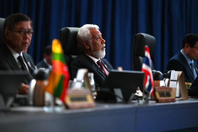 East Timor's Prime Minister Xanana Gusmao (C) attends the 13th ASEAN - United States Summit during the 47th Association of Southeast Asian Nations (ASEAN) Summit in Kuala Lumpur on October 26, 2025. (Photo by ANDREW CABALLERO-REYNOLDS / AFP)