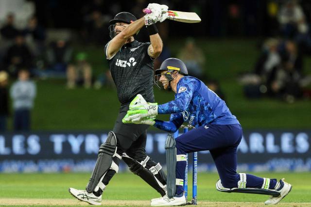 New Zealand's Daryl Mitchell bats during the first one-day international (ODI) cricket match between New Zealand and England at Bay Oval in Tauranga on October 26, 2025. (Photo by DJ MILLS / AFP)