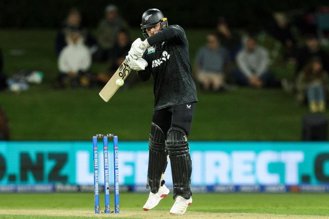 New Zealand's Nathan Smith bats during the first one-day international (ODI) cricket match between New Zealand and England at Bay Oval in Tauranga on October 26, 2025. (Photo by DJ MILLS / AFP)