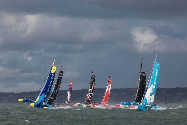 Ocean Fifty multihulls take the start of the Transat Cafe L'Or, on October 25, 2025 in Le Havre, north western France. The Transat Cafe L'Or is a duo sailing race from Le Havre to Fort-de-France, in the overseas island of Martinique. (Photo by AFP PHOTO / AFP)
