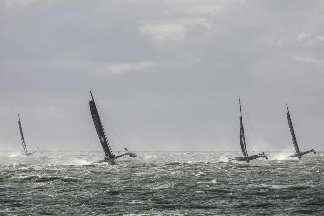 Ocean Fifty multihulls take the start of the Transat Cafe L'Or, on October 25, 2025 in Le Havre, north western France. The Transat Cafe L'Or is a duo sailing race from Le Havre to Fort-de-France, in the overseas island of Martinique. (Photo by AFP PHOTO / AFP)