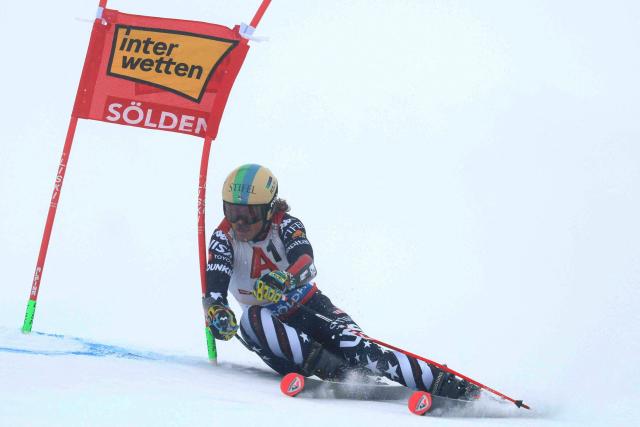 US' River Radamus competes during the first run of the men's giant slalom at the Alpine Ski World Cup opener in Solden on October 26, 2025. (Photo by Johann GRODER / APA / AFP) / Austria OUT