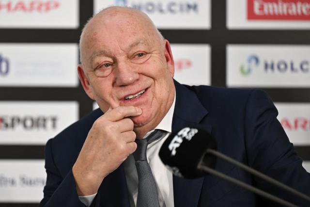 Founder and President of the Swiss Indoors, Roger Brennwald speaks during a press conference on the final day of the Swiss Indoors ATP 500 tennis tournament in Basel on October 26, 2025. (Photo by Fabrice COFFRINI / AFP)