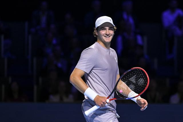 Brazil's Joao Fonseca reacts as he competes against Spain's Alejandro Davidovich Fokina during their men's final match at the Swiss Indoors ATP 500 tennis tournament in Basel on October 26, 2025. (Photo by Fabrice COFFRINI / AFP)