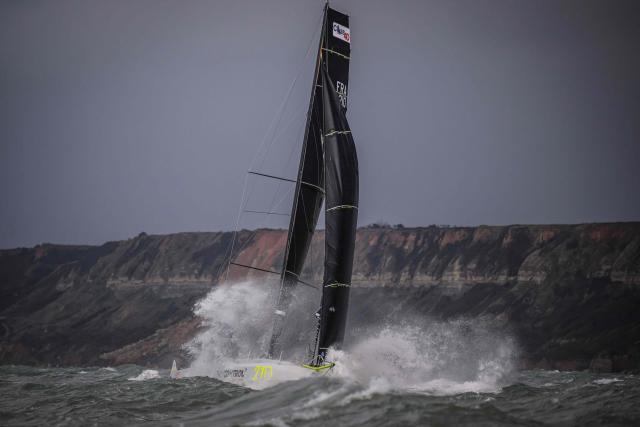 "Trimcontrol" Class40 class monohull skippered by French skippers Alexandre Le Gallais and Michel Desjoyeaux takes off at the start during the 17th edition of the Transat Cafe L'Or, off the shores of Le Havre, north western France on October 26, 2025. Four open classes will take part in the race: IMOCA, Ocean Fifty, ULTIM and Class40. The Transat Cafe L'Or is a duo sailing race from Le Havre to Fort-de-France, in the French Caribbean island of Martinique.
Class 40 monohulls (Photo by Loic VENANCE / AFP)