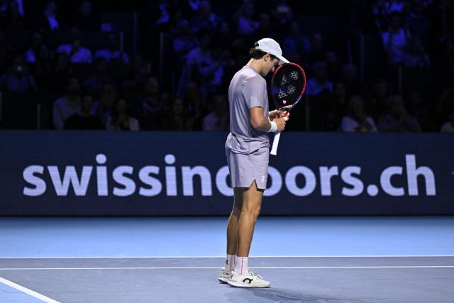 Brazil's Joao Fonseca reacts after winning against Spain's Alejandro Davidovich Fokina in their men's final match at the Swiss Indoors ATP 500 tennis tournament in Basel on October 26, 2025. (Photo by Fabrice COFFRINI / AFP)