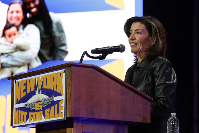 New York Governor Kathy Hochul speaks on stage during a campaign rally for New York City mayoral candidate Zohran Mamdani at Forest Hills Stadium in the Queens borough of New York City on October 26, 2025. New Yorkers will cast their votes for mayor on November 4, 2025. Mamdani, the Democratic candidate, is the current frontrunner ahead of former New York Governor and independent candidate Andrew Cuomo and Republican candidate Curtis Sliwa. (Photo by ANGELA WEISS / AFP)