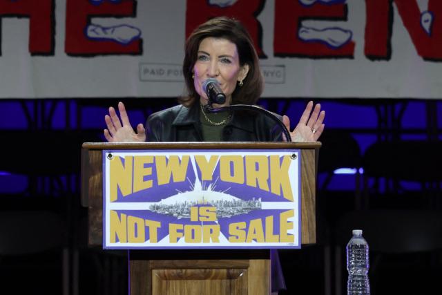 New York Governor Kathy Hochul speaks on stage during a campaign rally for New York City mayoral candidate Zohran Mamdani at Forest Hills Stadium in the Queens borough of New York City on October 26, 2025. New Yorkers will cast their votes for mayor on November 4, 2025. Mamdani, the Democratic candidate, is the current frontrunner ahead of former New York Governor and independent candidate Andrew Cuomo and Republican candidate Curtis Sliwa. (Photo by ANGELA WEISS / AFP)