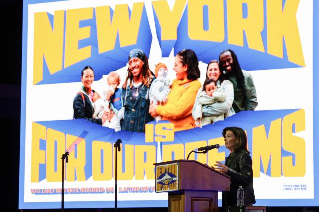 New York Governor Kathy Hochul speaks on stage during a campaign rally for New York City mayoral candidate Zohran Mamdani at Forest Hills Stadium in the Queens borough of New York City on October 26, 2025. New Yorkers will cast their votes for mayor on November 4, 2025. Mamdani, the Democratic candidate, is the current frontrunner ahead of former New York Governor and independent candidate Andrew Cuomo and Republican candidate Curtis Sliwa. (Photo by ANGELA WEISS / AFP)