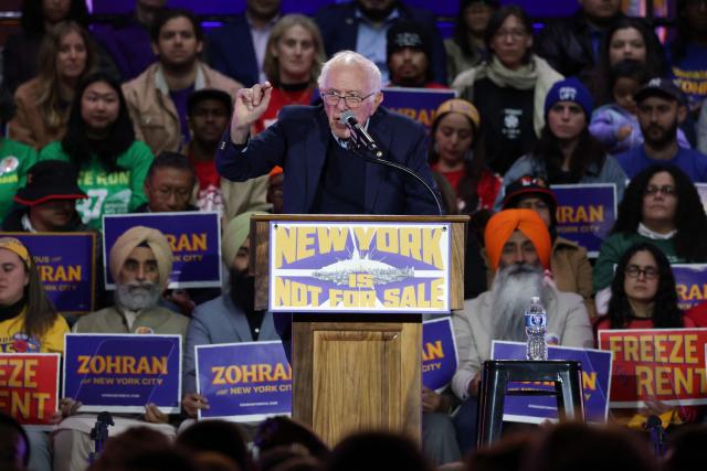 US Senator Bernie Sanders (I-VT) speaks on stage during a campaign rally for New York City mayoral candidate Zohran Mamdani at Forest Hills Stadium in the Queens borough of New York City on October 26, 2025. New Yorkers will cast their votes for mayor on November 4, 2025. Mamdani, the Democratic candidate, is the current frontrunner ahead of former New York Governor and independent candidate Andrew Cuomo and Republican candidate Curtis Sliwa. (Photo by ANGELA WEISS / AFP)