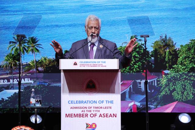 East Timor's Prime Minister Xanana Gusmao delivers his speech at a reception to mark East Timor's admission to ASEAN during the 47th Association of Southeast Asian Nations (ASEAN) Summit in Kuala Lumpur on October 27, 2025. (Photo by HOW Hwee Young / POOL / AFP)