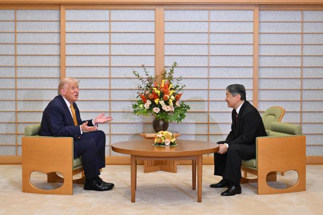 US President Donald Trump meets with Japan's Emperor Naruhito at the Imperial Palace in Tokyo on October 27, 2025. Donald Trump arrived in Japan on October 27, the next leg of an Asia tour that could see the US president and China's Xi Jinping end the bruising trade war between the world's largest economies. (Photo by Kazuhiro NOGI / POOL / AFP)