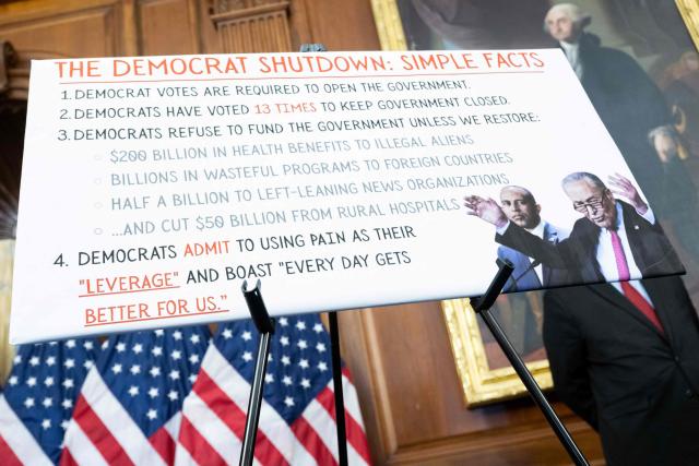 A poster with a photo of Senate Minority Leader Chuck Schumer, Democrat of New York, and House Minority Leader Hakeem Jeffries, Democrat of New York, is displayed during a press conference by House Republican leadership about the government shutdown, now on Day 27, at the US Capitol in Washington, DC, October 27, 2025. The US government shutdown entered its fourth week on October 23, becoming the second longest in history, as Donald Trump's Republicans and the opposition Democrats faced increasing pressure to end a stalemate that has crippled public services. (Photo by SAUL LOEB / AFP)