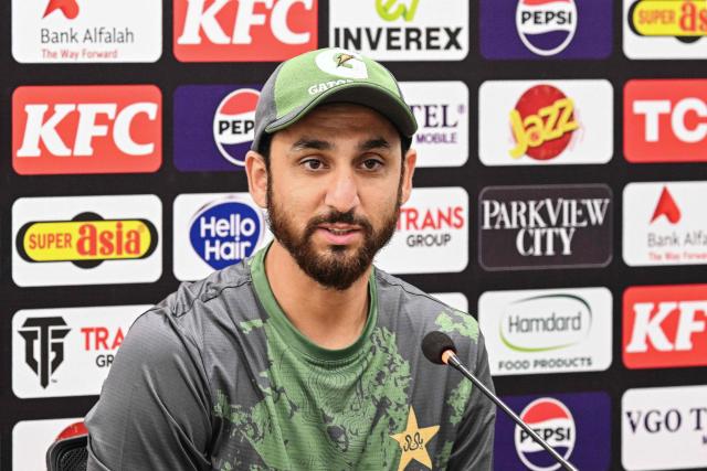 Pakistan's captain Salman Agha addresses a press conference on the eve of their first Twenty20 international cricket match against South Africa at the Rawalpindi Cricket Stadium in Rawalpindi on October 27, 2025. (Photo by Aamir QURESHI / AFP)